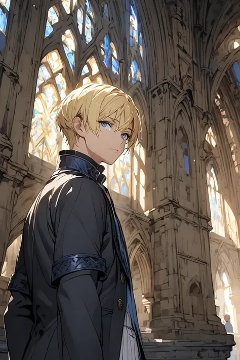  boys、Blonde、 blue eyes、sword、Short Hair、 fantasy standing in a church