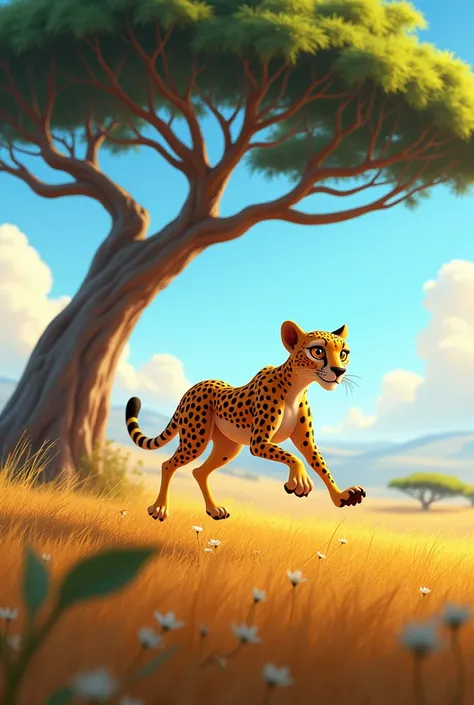 A cheetah runs around under a large tree in a South African prairie、cute、Pixar Style、