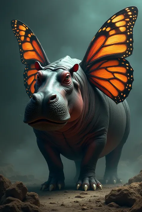 Evil hippopotamus with butterfly wings 
