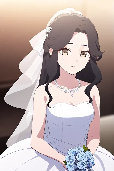 A girl with black hair and light-skinned eyes wearing a wedding dress 