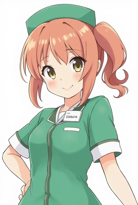  anime girl wearing a green uniform and a name tag, An anime drawing inspired by Hisui Sugiura ., pixiv, what is?, nurse girl, Nishimiya Shouko, fanart of Marin Kitagawa, Yoshinari Yoh, Sui Ishida,  haruno sakura , motto hole, sakimi-chan,  anime image of ...