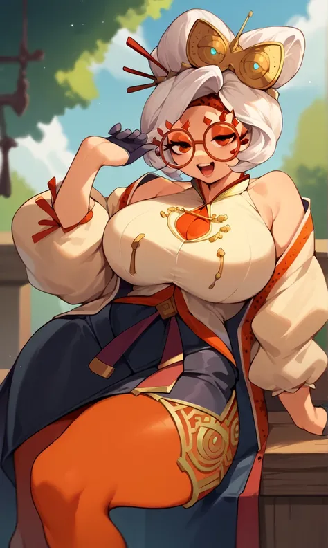 score_9, score_8_up, score_7_up, score_6_up, score_5_up, score_4_up, (source_anime), purah,
1girl,  huge breasts, narrow waist, thick thighs,  hair ornament, red headband, red glasses, sleeveless shirt, white coat, black skirt, red leggings, gloves, high h...