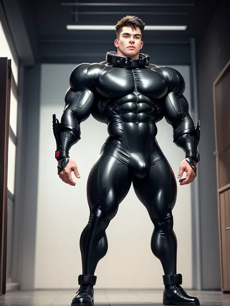 Teenage male hero in tight latex suit and collar，full bodyesbian，head to toe，Combat boots，mitts，Muscular body，Identical Young men standing in line，abandoned industrial warehouse, hyper muscles,  hyper swollen crotch bulge,  hypnosis, brainwashed, mind cont...