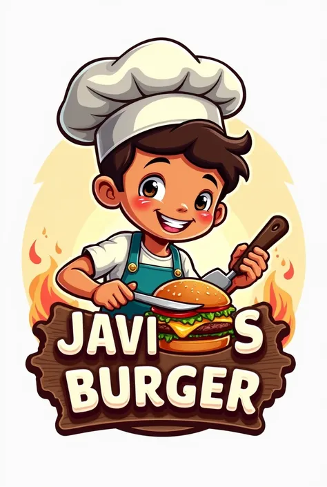 Logo of a brown boy cooking hamburger with the name of Javis burger