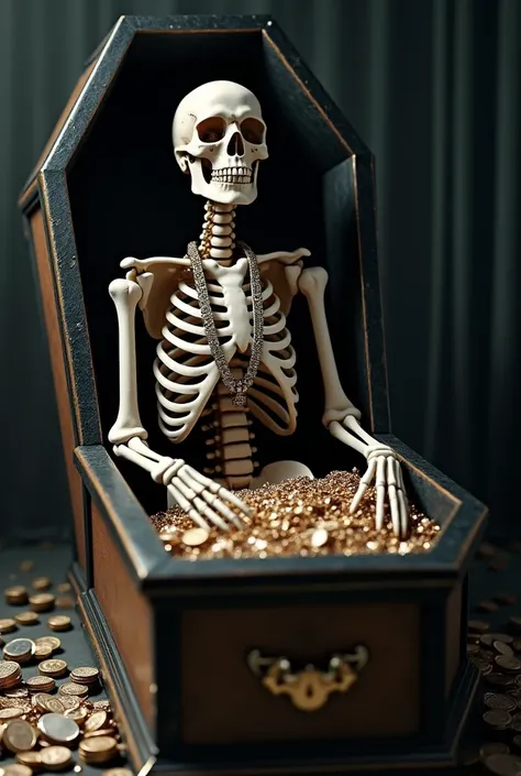 Coffin revealing a skeleton with money and diamond chains on