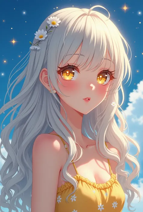 Masterpiece, ultra high-definition (32k), hyper-realistic anime illustration, stunning vibrant lighting, intricate ultra-detail, captivating close-up of a girl with enchanting big golden eyes, extra long flowing curly white-blonde hair, glowing dewy lips, ...