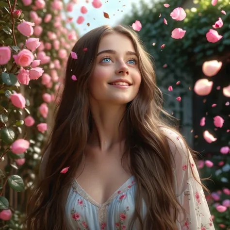 A girl in a garden, 1girl, brunette, beautiful detailed blue eyes, long flowing hair, smiling, looking up in wonder, rose petals falling all around, (best quality,4k,8k,highres,masterpiece:1.2),ultra-detailed,(realistic,photorealistic,photo-realistic:1.37)...