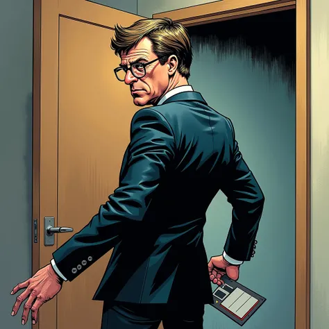  Bill Gates turns around , with a villainous look ,  walking to the door with the floppy disk in his hand.  in comic cartoon style 