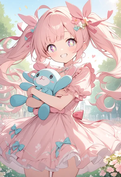  An adorable anime-style girl with twin pigtails and soft bangs, wearing a pastel pink dress with frills and small heart patterns. She has a big ribbon on her head and holds a plush bunny toy in her arms. Her pose is playful, with a bright smile and sparkl...