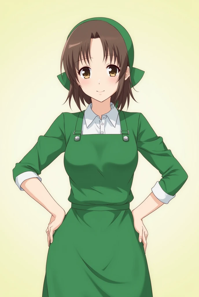  a woman in green clothes is standing with her hands on her hips,  A portrait of a character inspired by Hisui Sugiura , pixiv, what is?, ( waitress ) girl, fanart of Marin Kitagawa, Nishimiya Shouko, nurse girl, official character art, Chihiro! Fujisaki, ...