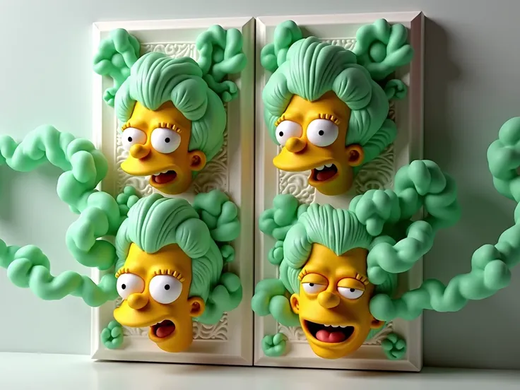 4 varied images 3d marge simpson relief face ejecting green smoke from backside hole