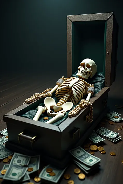 Laid down Coffin revealing a skeleton with money and diamond chains on realistic