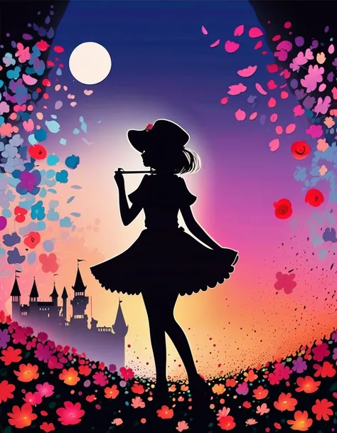 Shadow art, Flat illustration, silhouette art, everything except the shadows is colored with colored cellophane, Rain of petals, petals dancing in the wind, rose flower. Adorable and cute girl, short gothic lolita outfit, twirling happily, lifting skirt he...