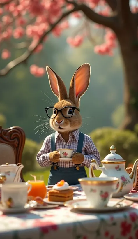 An ultra-realistic cinematic photographic image in vintage Hollywood, classic retro and art deco style, probably inspired by the 1920s to 1940s, of a rabbit wearing glasses, long-sleeved plaid dress shirt and blue suspenders, holding a huge porcelain teacu...