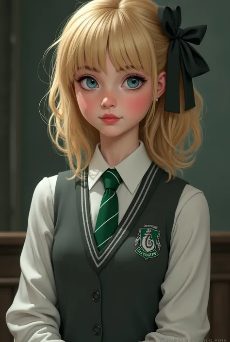  a young English girl of about  with a slim figure  , has fair skin ,   blue eyes,  pink lips,  and thick blonde hair of medium length ,with a fringe , held by a black ribbon tied in a medium ribbon. wearing a long sleeve white shirt and a gray vest and a ...