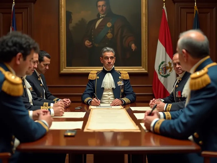  lyrics, 8K ultra HD, " Historical representation of a formal meeting room in Guayaquil , In 1829 ,  with decorated wooden tables ,  documents on parchment on the table ,  and two groups of representatives signing the Treaty of Guayaquil .  Antonio José de...