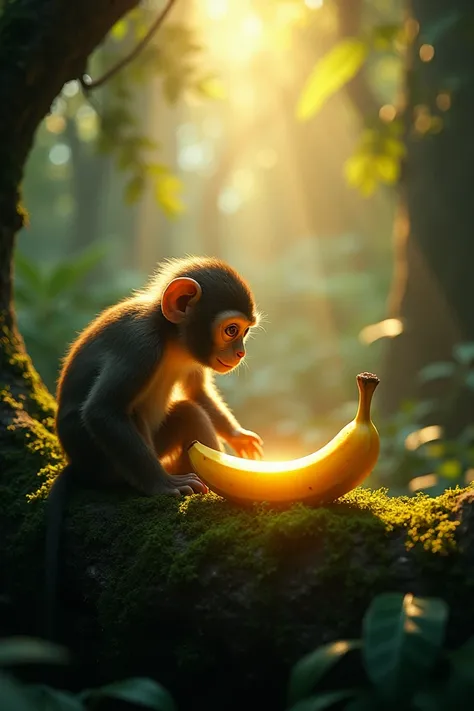 "A magical cinematic scene in a dense, glowing jungle. A mischievous monkey sits on a tree branch, its curious gaze locked onto a glowing banana lying on a moss-covered rock below. The banana emits a soft golden light, creating an air of mystery, as shafts...