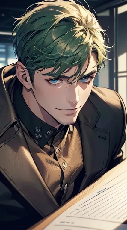 (best quality,4k,8k,highres,masterpiece:1.2),ultra-detailed,(realistic,photorealistic,photo-realistic:1.37),1 man,31 years old,mature man,very handsome,without expression,smile,short green hair,blue eyes,penetrating gaze,perfect face without errors,imposin...