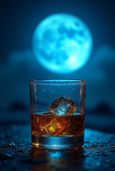 Whiskey on the rocks with a blue full moon behind