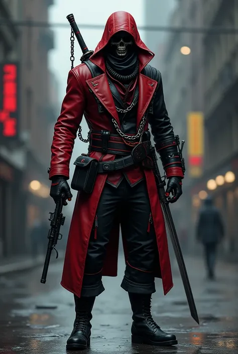 Assassins Creed classic red and black interior jacket with v-trim 
Black pants with a side bag with two straps 
Black high cut combat boots
dmc2 Dante gloves with metal knuckle protectors 
A chain like that of Kujo Jotaro 
And a tactical mask in the shape ...