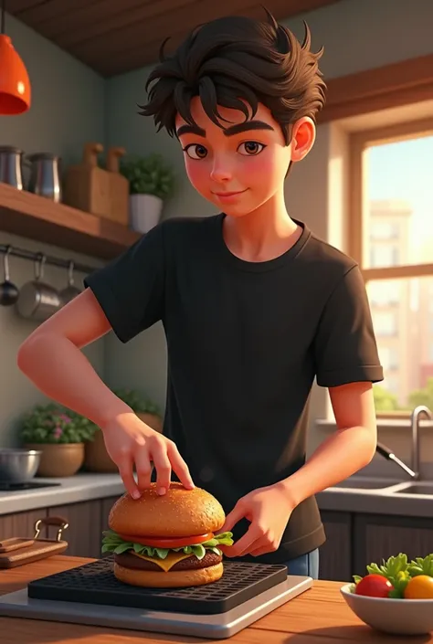 Boy cooking hamburger black shirt and the name of Javis burger