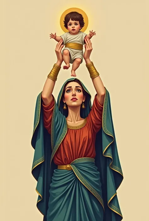  Our Lady in the center of her entire body ,  raising the Baby Jesus above her head with both hands in a gesture of offering, raising it high above your head as if you were advertising.
Face and Expression: Stylized features ,  big eyes and serene expressi...