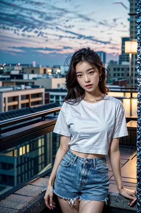 ((Midnight, Best Quality, 8K, Masterpiece :1.3)), Full Body, Long Legs, Sharp Focus :1.2, A Beautiful Woman with Perfect Body :1.4, Slim Abs :1.1, ((Dark Brown Hair)), (White Skinny T-shirt, Denim Shorts, Standing: 1.2), (Night View, hotel roof: 1.3)), Hig...