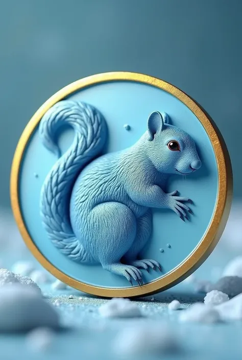 Uniform light blue coin with a thickness of 2mm , Golden border,  slightly tilted to the left,  with a squirrel print, original image of the ice age 