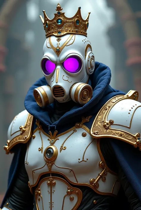 Generate a image of a man wearing a white and gold designed gas mask with purple glasses and a full body armor and a king crown.And,it should be amazing!