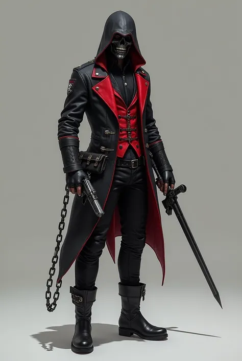 Assassins Creed classic red and black interior jacket with v-trim 
Black pants with a side bag with two straps 
Black high cut combat boots
dmc2 Dante gloves with metal knuckle protectors 
A chain like that of Kujo Jotaro from the shoulder down to the knee...