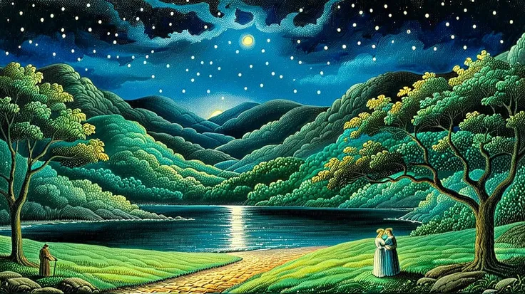 （ William Blake），Adán y Eva，night，(landscape、） , William Blake style