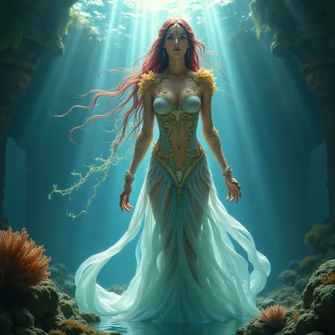 "A majestic and divine water goddess, standing tall in an underwater realm, radiating unmatched elegance and power. Her skin is adorned with marine elements, seamlessly integrating corals, seashells, and shimmering oceanic scales as if her very essence is ...