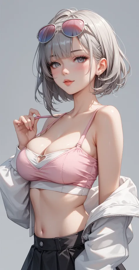 Anime girl, sexy Anime girl, sexy body, perfect body,   sexy figure, crop top, off shoulder, pink blush whit read shades on cheeks, Breast, sexy pose, lost in thoughts, sexy pose, simple black with gray shades background, simple background, simple and 0lan...