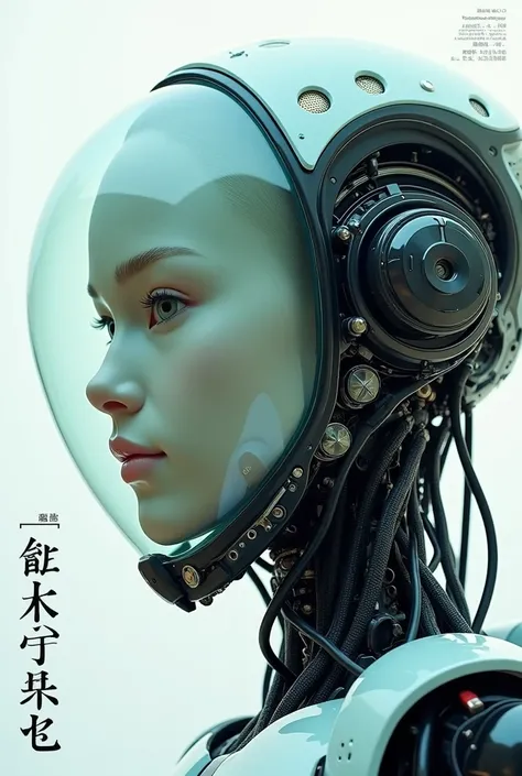 The image is a close-up shot of a highly detailed, anthropomorphic robots head and upper torso.  The robot is predominantly tosca color pastels, with black wiring and various shape mechanical components visible.  The head features a transparent, gentle mal...