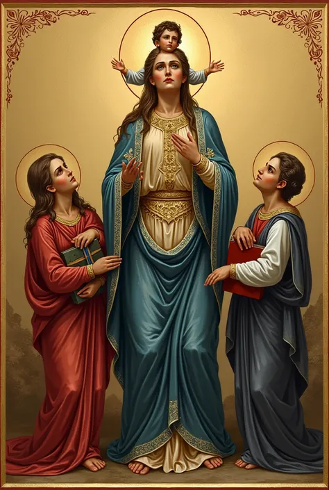  Create the image of Our Lady of Communication in iconography style, in the center of the full body ,  raising the Baby Jesus above her head with both hands in a gesture of offering, raising it high above your head as if you were advertising.
Face and Expr...