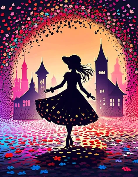 Shadow art, Flat illustration, silhouette art, everything except the shadows is colored with colored cellophane. Rain of petals, petals dancing in the wind, rose flower. Adorable and cute girl, short gothic lolita outfit, twirling happily, fairy tale, cast...