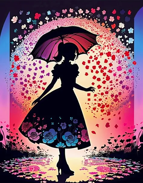 Shadow art, Flat illustration, silhouette art, everything except the shadows is colored with colored cellophane. Rain of petals, petals dancing in the wind, rose flower. Adorable and cute girl, short gothic lolita outfit, twirling happily, fairy tale, cast...