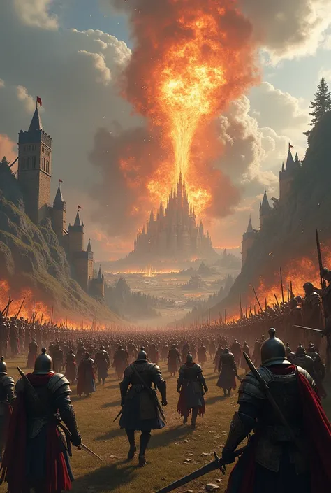 "An epic battle between armies of humans and orcs ,  with catapults shooting fireballs and wizards casting spells from the towers."