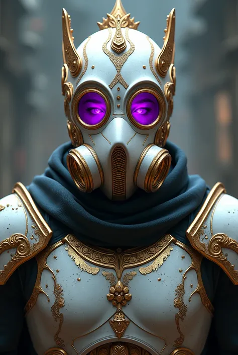 Generate a image of a man wearing a white and gold designed gas mask with purple glasses and a full body armor and a king crown.And,it should be amazing!