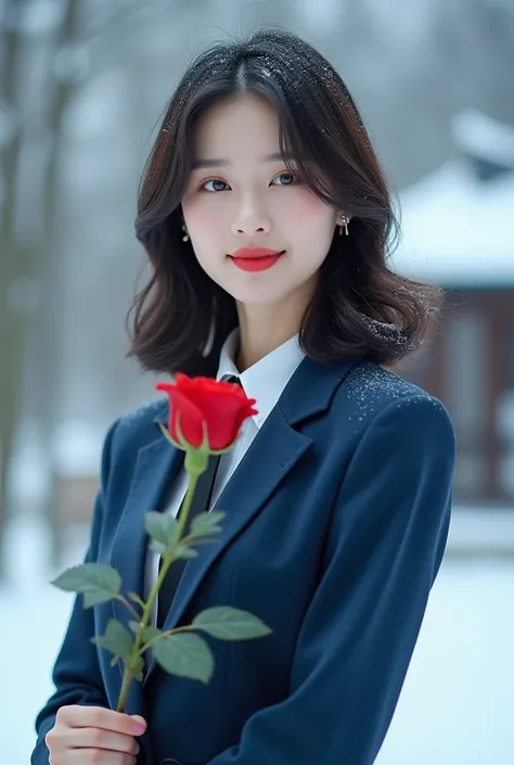 A beautiful Korean woman with shoulder length hair, wearing a blue suit, black tie, blue white snow garden background, holding a red rose