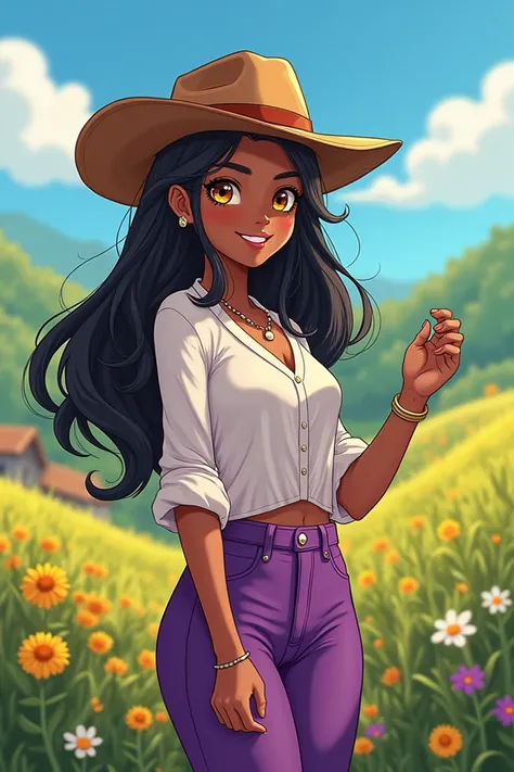  Make an indie anime art
Of a brown woman with long black hair
Yellow eyes, white blouse , purple pants and a brown hat
Alongside Leah from the game Stardew Valley 