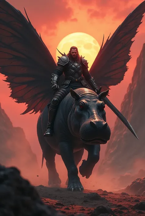 Warrior with sword riding an evil hippopotamus with black butterfly wings on a hellish background
