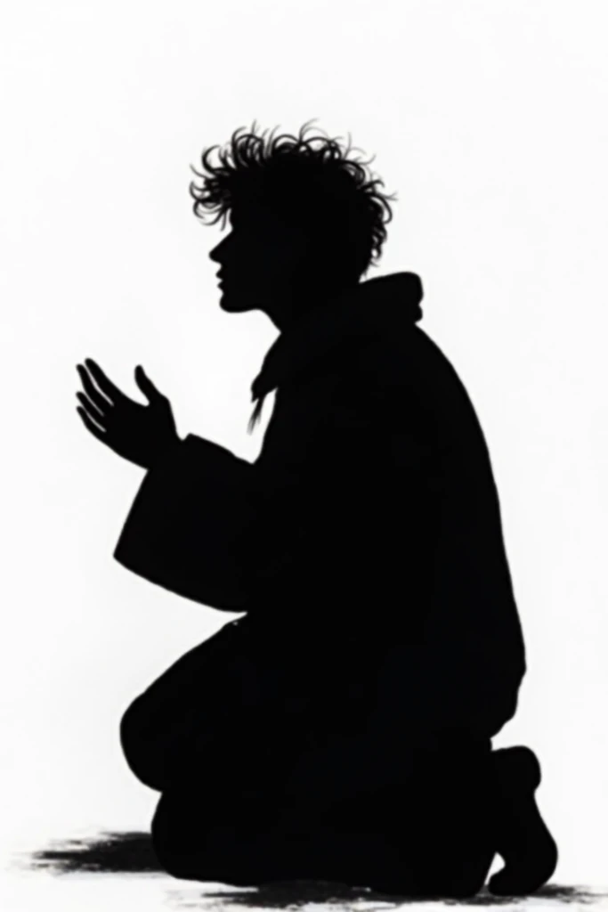  Carlo Acutis black silhouette, little frizzy hair , average body,  kneeling , 