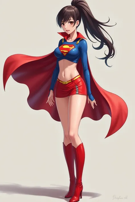 masterpiece, short red skirt, big breasts, blue long-sleeved crop top, tall, beautiful woman, red boots, red cape, supergirl costume, panties, anime ponytail