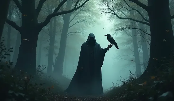 sinister landscape in the woods with a cloaked man saying silence with his hand with a crow on his shoulder and the leaves of the trees falling 