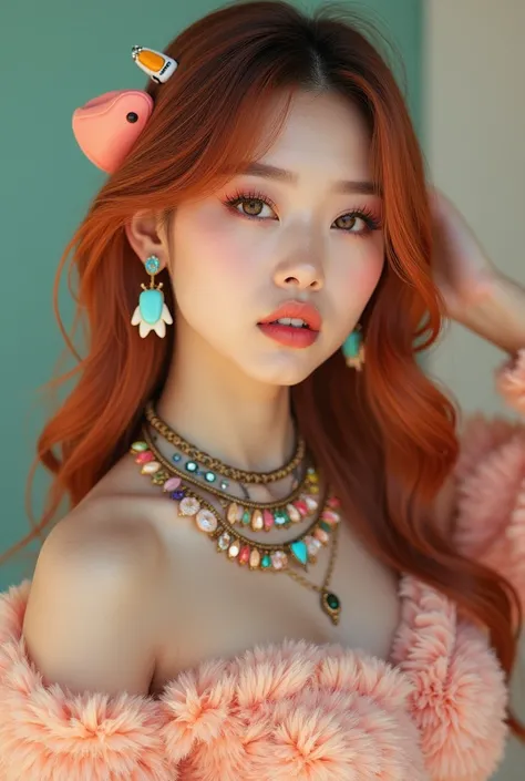 A stylish korean woman with long, dark orange 
hair adorned with colorful hair clips poses against a soft, blurred background. She wears unique earrings shaped like teeth and an elaborate necklace with various charms. Her outfit is a fluffy, textured top w...