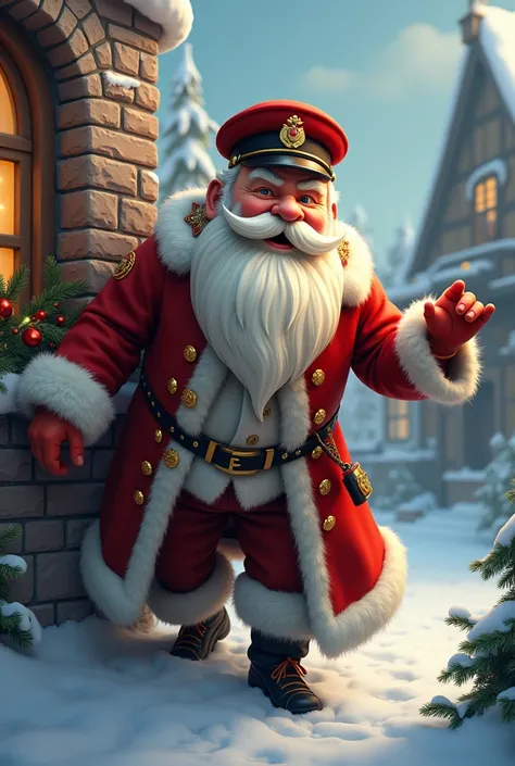 Create an image of a guard Santa Claus coming out of a chimney and saying hello