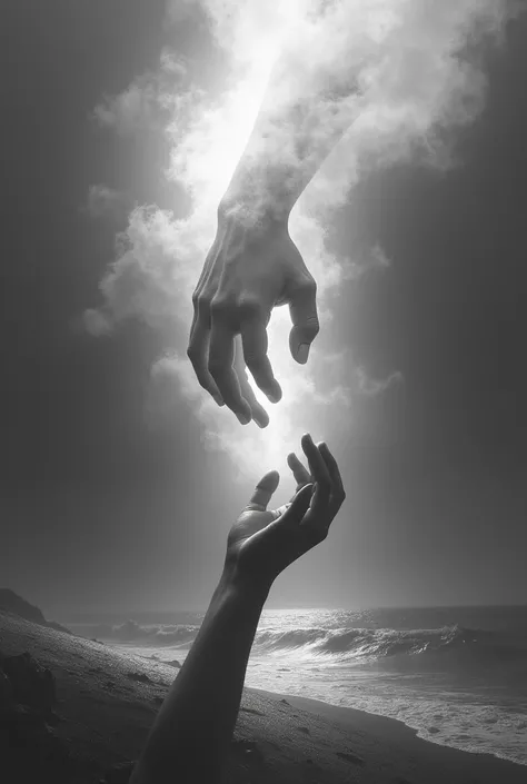 It generates an image where you can see the hand of God that comes from heaven and another hand of an adolescent that comes from below and that you can see that God is helping him to see the sea but that the image is in black and white