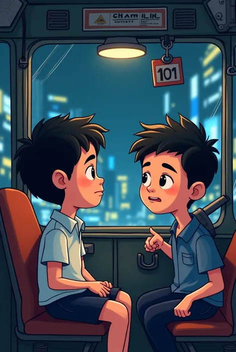 Its night and the boy is in the jeepney wearing his school uniform but then the driver looked at him confused. Make it cartoon and make the boy the same as the previous ones. The driver and him are talking and the driver looked confused. The boy also. Make...