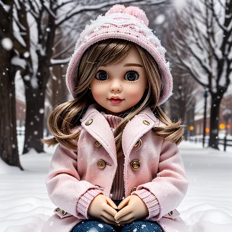 paraphid doll sits in the snow in a pink coat and hat, beautiful Cute, Cute beautiful, snowing, Cute, 8 k)), Cute, Cute digital art, Cute girl, Cute Cute, Cute digital painting, Cute woman, Cute artwork, Cutest, beautiful and Cute, in the snow,  very beaut...